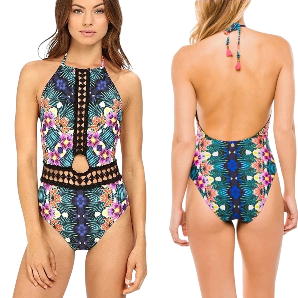 NWT Nanette Lepore Halter Habanera High Neck Backless 1-Piece Swimsuit Size M